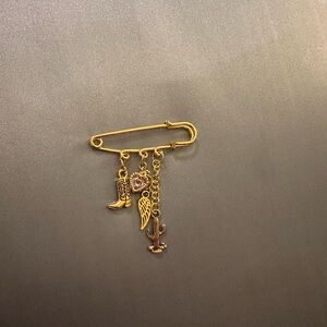 Gold Charm Safety Pin Brooch
